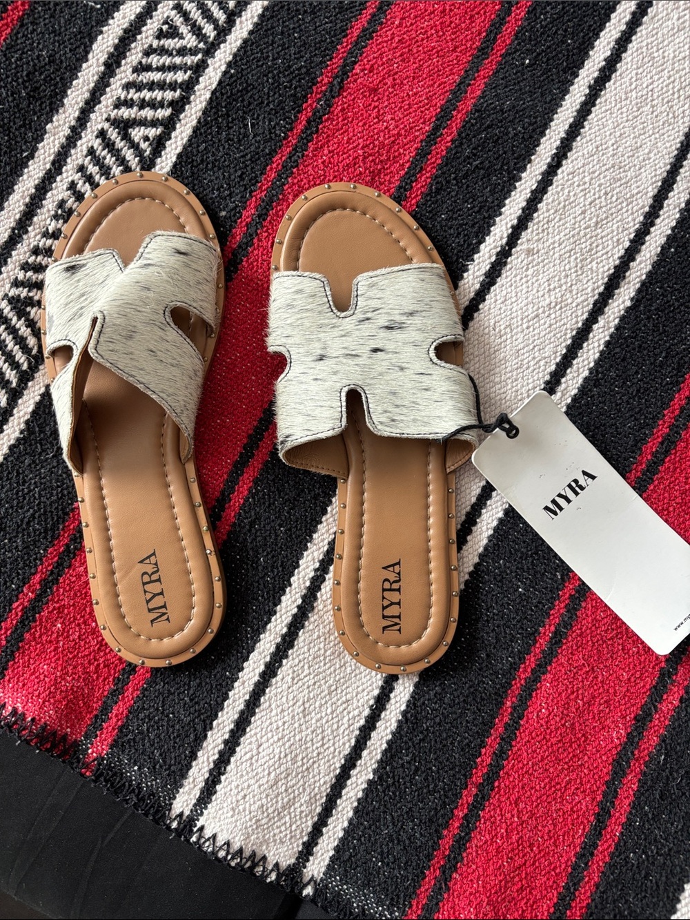 Myra Bag White Haircalf Slide Sandals with Tan Footbed